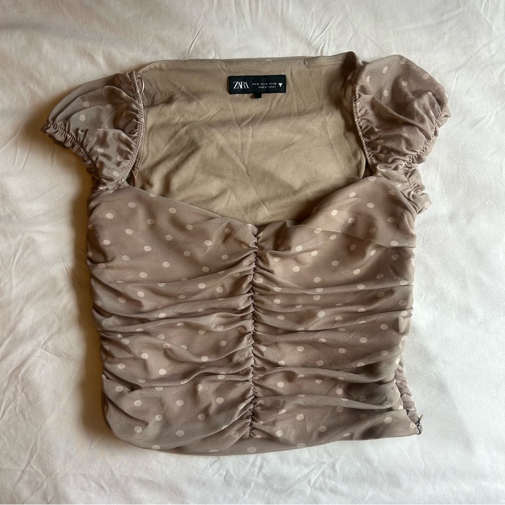 Zara Taupe Polka Dot Ruched Crop Top